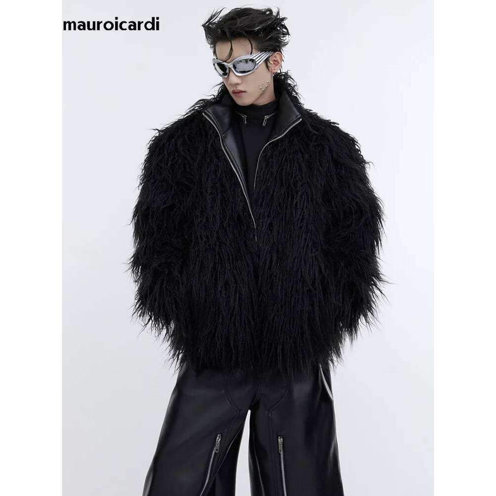 Mauroicardi Winter Short White Thick Warm Shaggy Hairy Soft Faux Mongolian Fur Coat Men High Quality Luxury Fluffy Jacket 2023 Z260313
