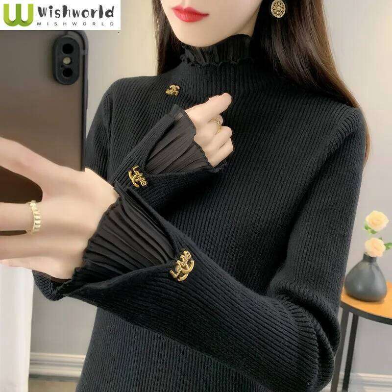 Underlay Women's Autumn and Winter High Neck Sweater 2023 New Lace Net Red Popular Advanced Fashion Age Reducing Top Z260313