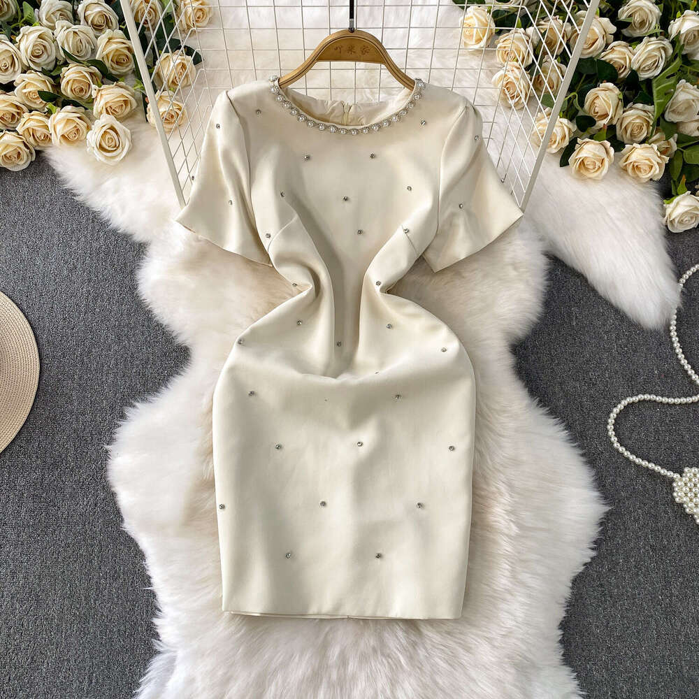 Luxury cross-border social heavy bead diamond A13 accessories round neck women's summer dress with high-end texture