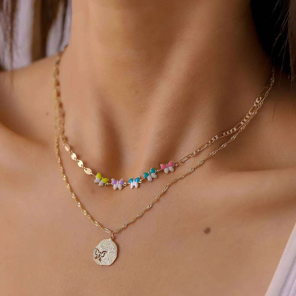 New Double Layer Daisy Flower Clavicle Necklace for Women Korean Butterfly Evil Eye Choker Wedding Neck Chain Jewelry Gift H260312