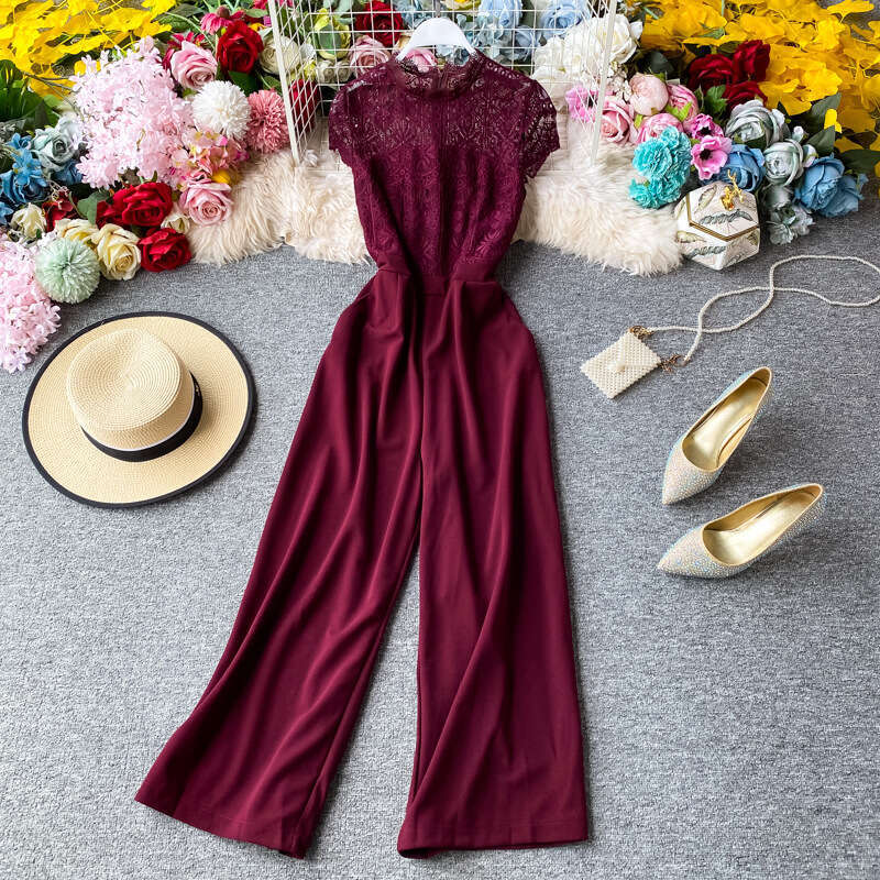 Fashionable and sexy women's 2026 summer series lace patchwork waist cinching slimming high waist straight leg long jumpsuit
