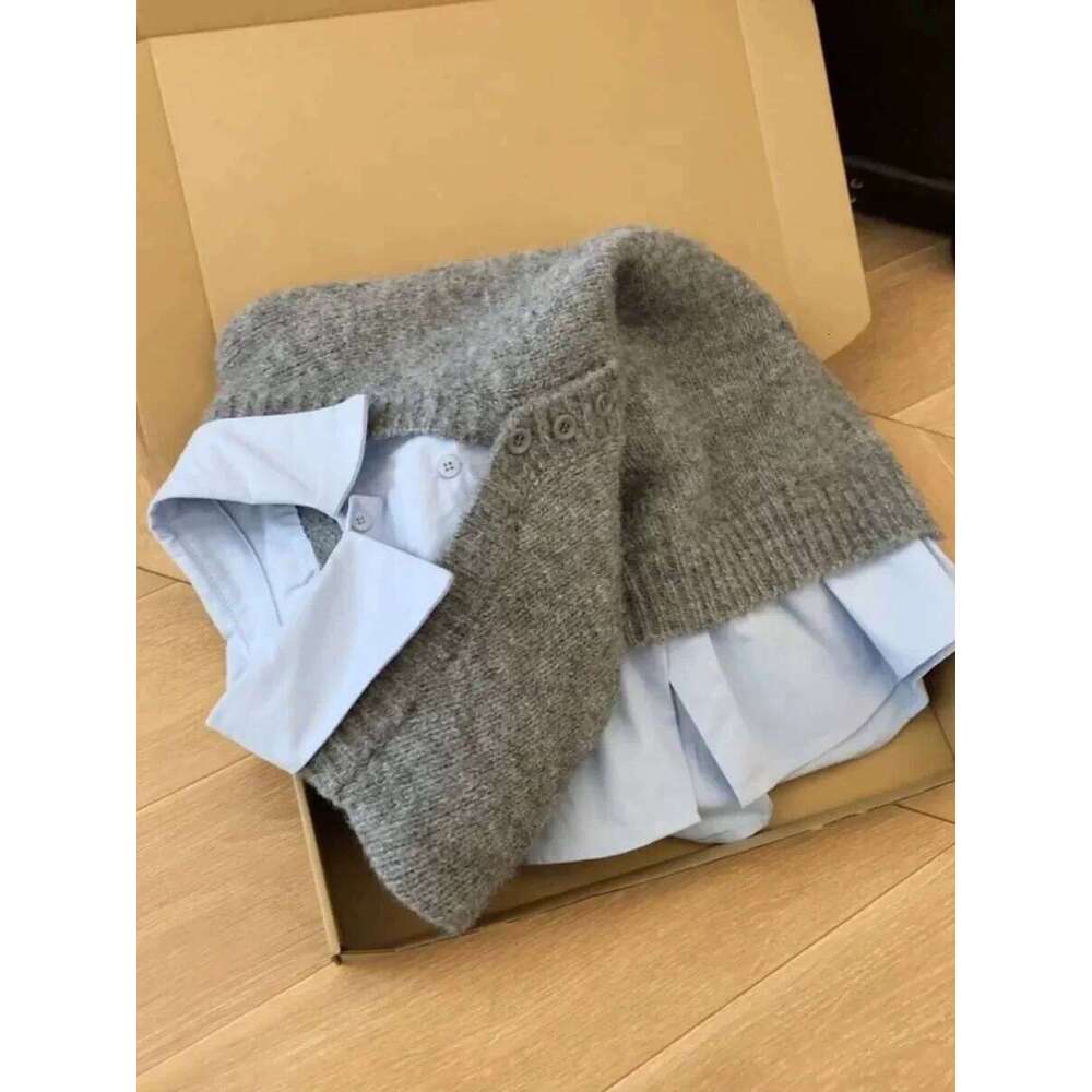 Women's New Style Grey Blue Contrast Sweater Fake Two Piece Stacked Spring Autumn Korean Turn-down Collar Design Knitted Top Z260313