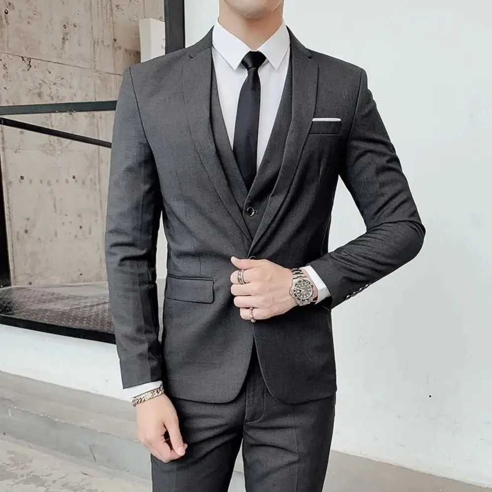 Mens Business Casual Slim-fit Solid Color Blazer Vest Pants Set Outdoor Trendy Wedding Host Formal Wear Terno De Caval M260313