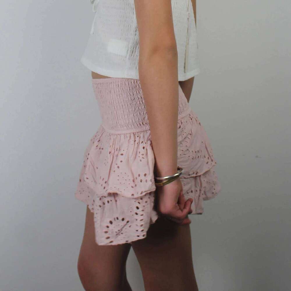 Women A-Line Pointelle High Waist Layered Ruffle Shirred Mini Skirt Summer Solid Color Sweet Skirts Black/White/Pink Z260314