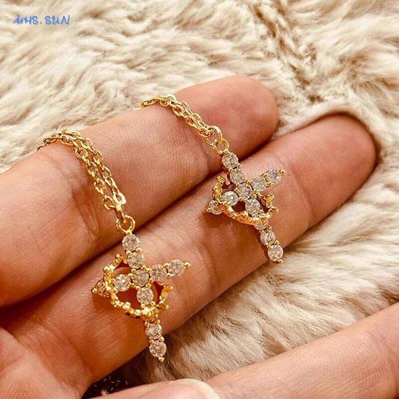SUNSLL Cubic Zircon Rotatable Crown Cross Pendant Necklaces Classic Stainless Steel Chain Banquet Party Jewelry For Women Men H260312