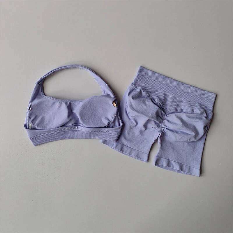 Sexy Halter Neck Beautiful Back High Waist Peach Sports Bras Shorts Suit Pilates Gathering Yoga Vest Training Fitness Bra Sets