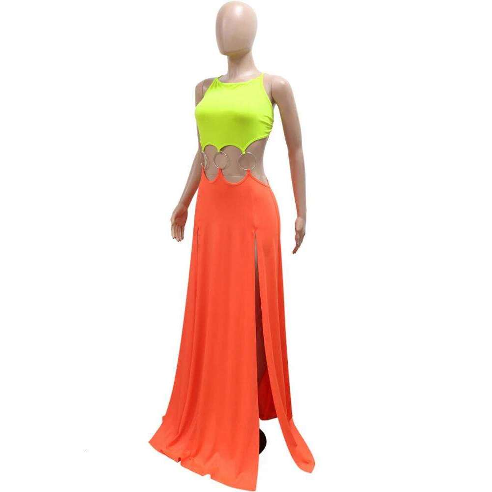 Beyprern Women's Hollow Out O-Rings Metal Long Fashion Backless Bandage Holiday Dresses Vacation Outfits Sexy Clubwear