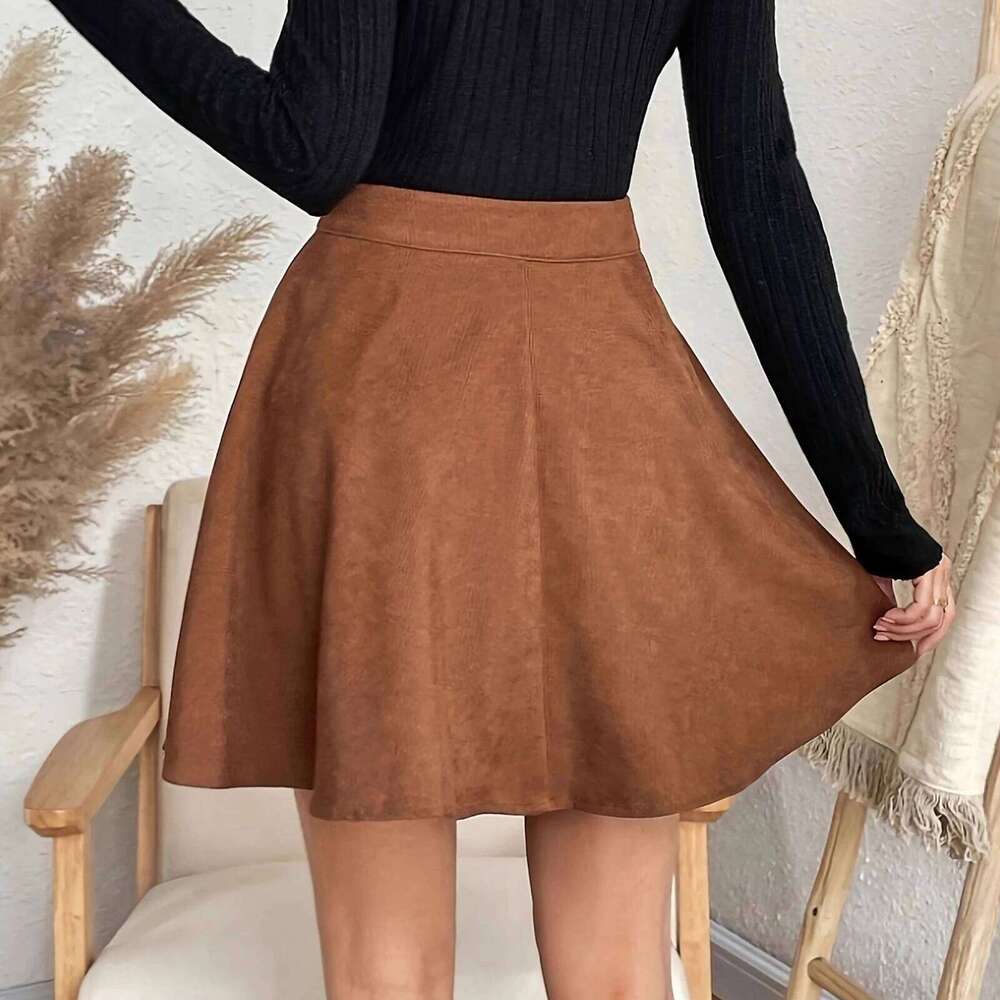 Women's Suede Solid Color High-waisted A-line Skirts Spring and Autumn Fashion Casual Female Skirt Z260314