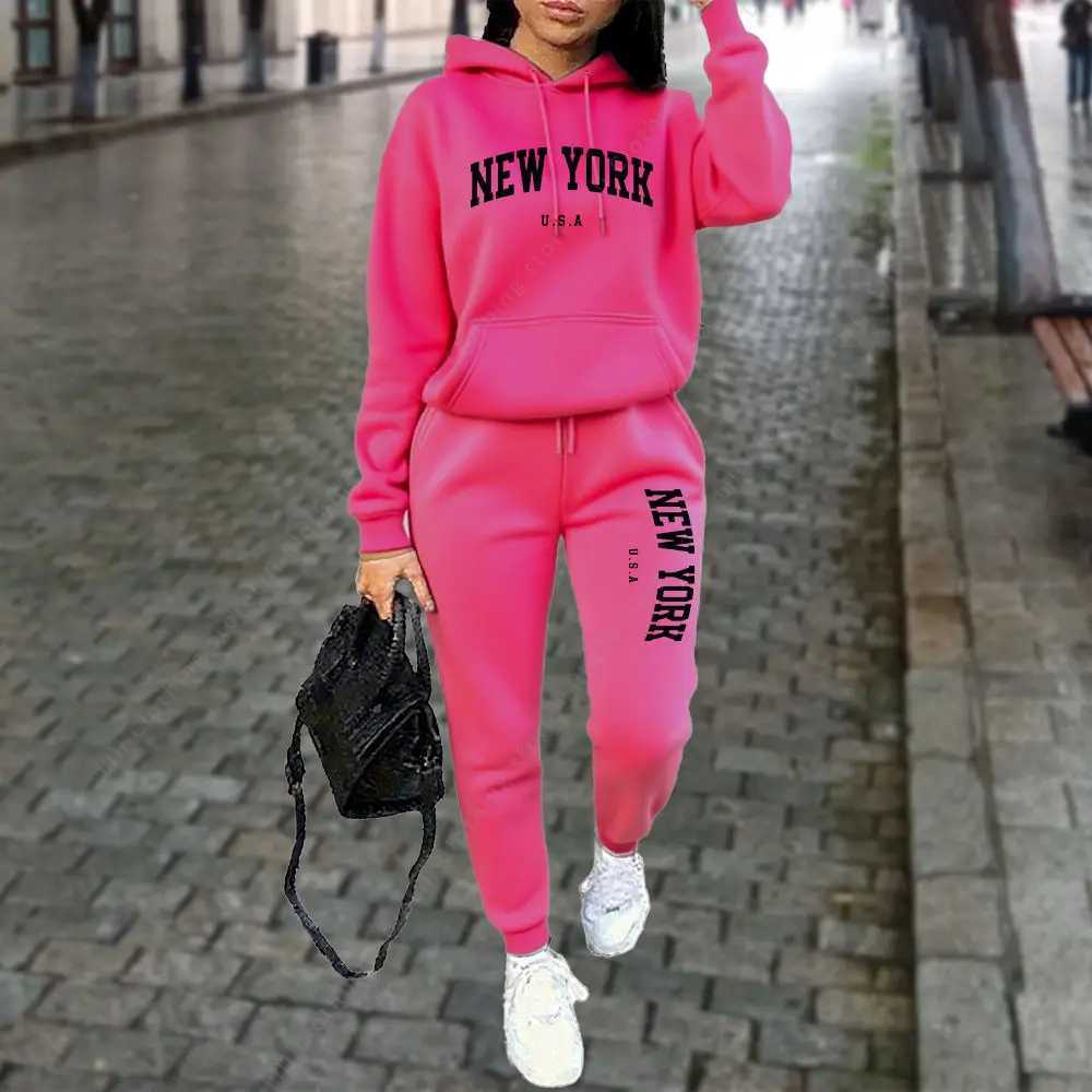 NEW YORK Womens TraCKsuit Autumn Winter Hoodies Trousers 2PCS Suit Sports Jogging Street CloTHes Women Pants Sets M260313