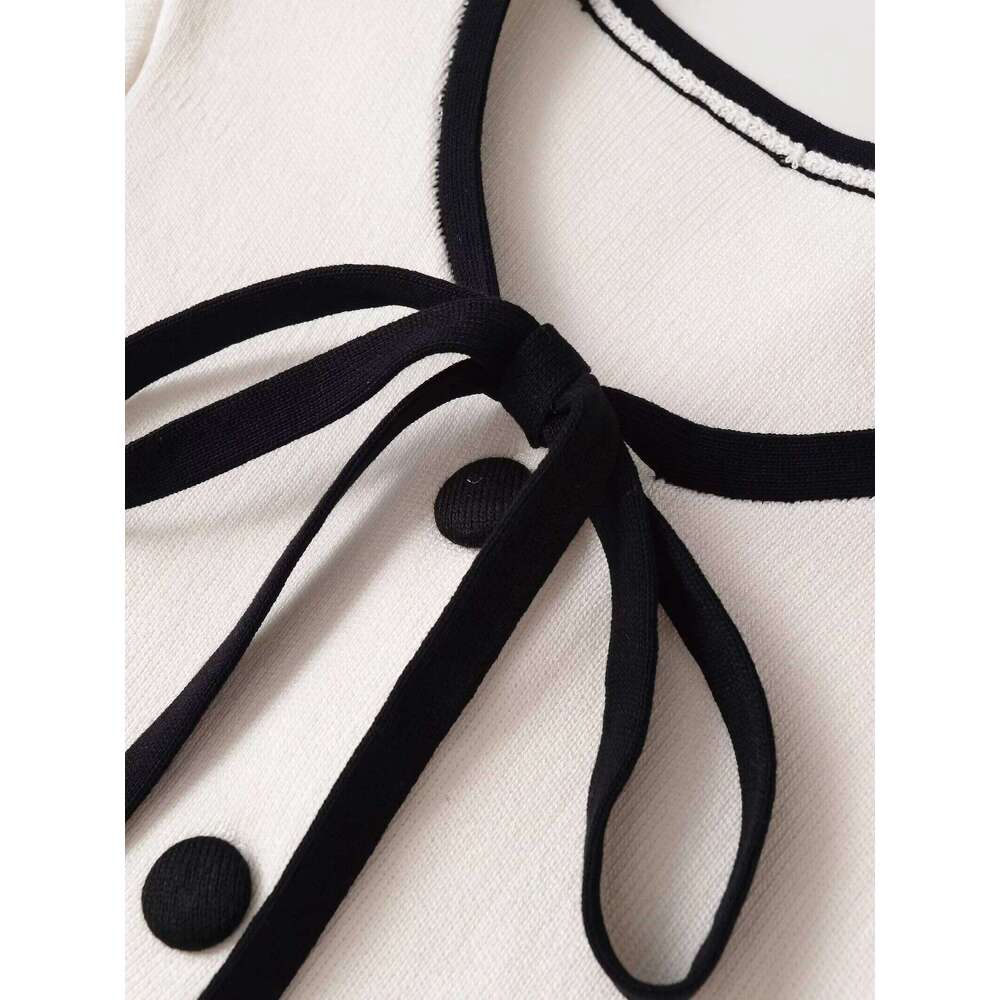 2025 autumn new women's sweet style contrast color trim round neck short sleeve knitted cardigan jacket Z260314