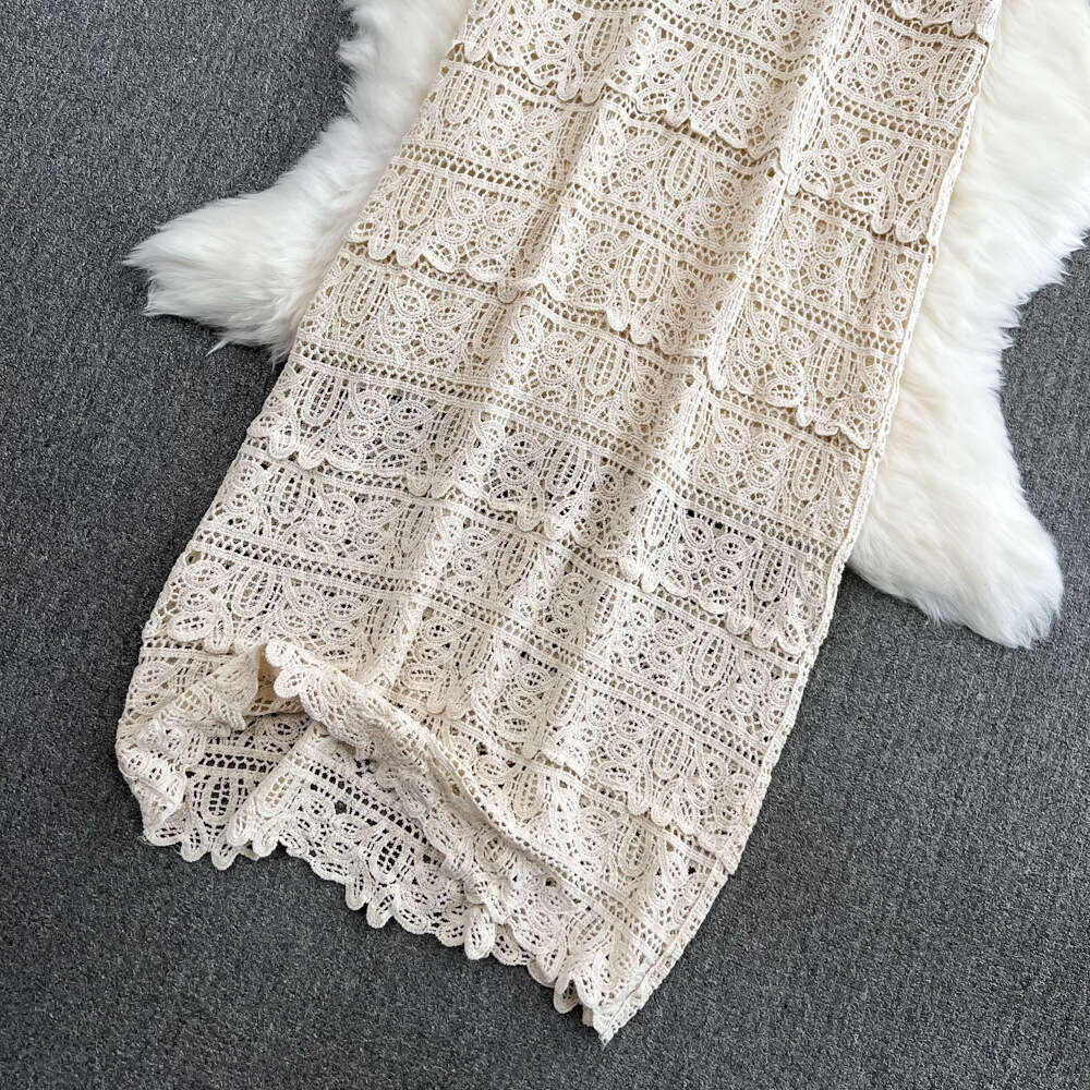 French Hepburn style long summer A12 gentle style short sleeved V-neck waist slimming A-line crochet hollow lace dress