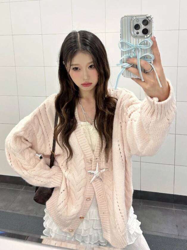 Women Sweet Kawaii Pink V-Neck Sweater Coat Autumn Winter Casual Loose Fashion Knit Cardigan Ladies Y2k Elegant Chic Top New Z260313