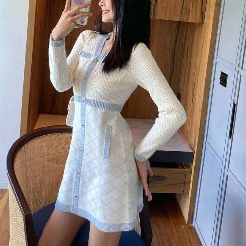 Elegant Knitted Women Long Sleeve Button Winter Office Mini Sweater Patchwork One Piece Dress Korean Z260314