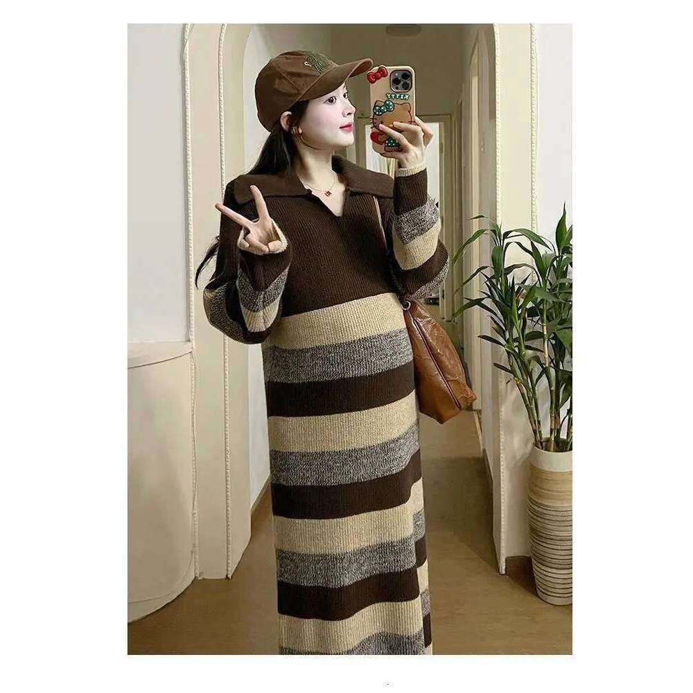 Striped Knit Dress For Women Long Sleeve Polo Neck Loose Fit Mid Calf Length Casual Style Autumn Winter Wear Z260313
