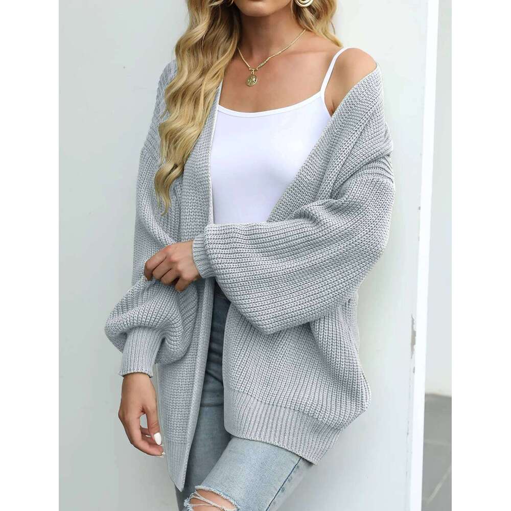 Women's lantern sleeve thick needle cardigan 2024 autumn and winter new item solid color pocket knitted sweater women's coat Z260314