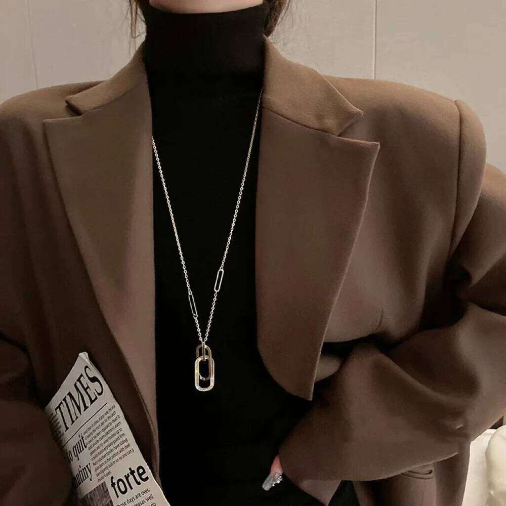 Minimalist Geometric Crystal Oval Square Pendant Necklace for Women Stainless Steel Long Sweater Chains Jewelry Statement Gift H260312