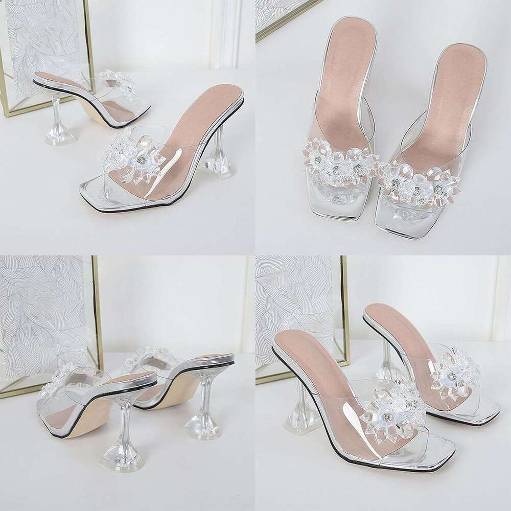 Women S Clear Flower Crystal Stiletto Fashion Comfortable Square Open Toe Summer Slip On Wine Glasses Heel Dress Slides Sandals For Formal Wedding Par