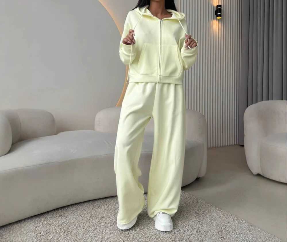 2025 Y2K Sportswear Womens Solid Color Long Sleeve Zippered Cardigan Hooded Sweatshirt Lace-up Trousers Two-piece Set M260313