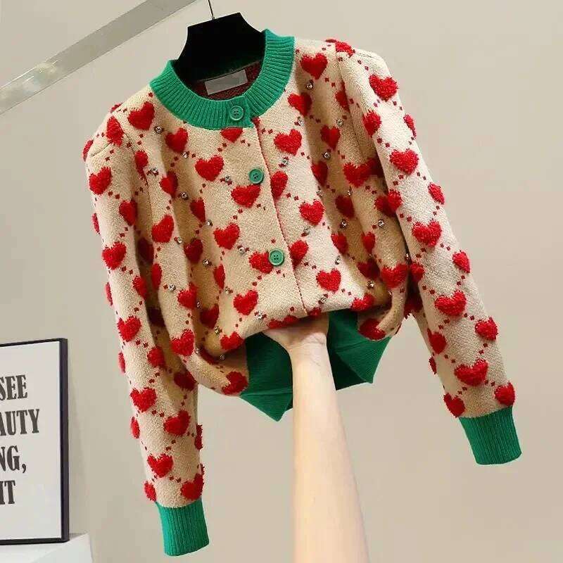 Heart Plaid Viscose Wool Thick O-Neck Vintage Knitted Women's Cardigans Sweater Fashion Single Breasted Short Cardigan For Women Z260313