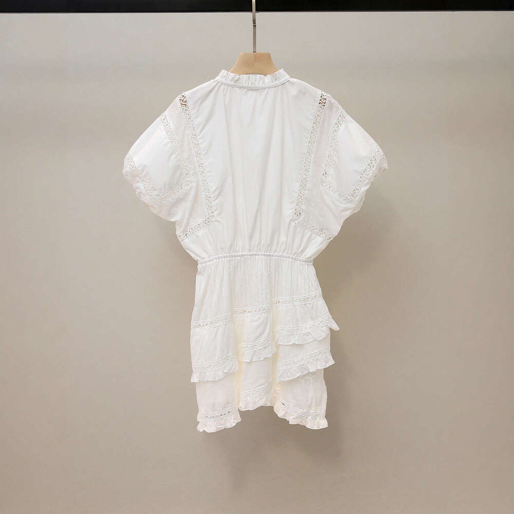 2026 Spring/Autumn New Designer French White Moonlight Lace Dress with Hollow out Ruffle Short Skirt