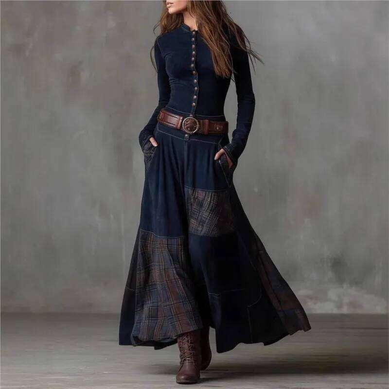 Women's Autumn Fashion New Slim Fit Flip Neck Sleeve Retro Style Commuter Button Chic Party Long Dress Z260313