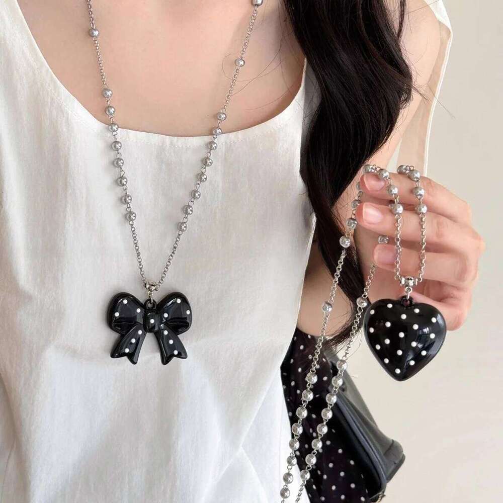 Black Polka Dot Butterfly Knot Pearl Necklace Women's Long Clavicle Chain Versatile Design Sensation Accessory Handmade Craft H260312