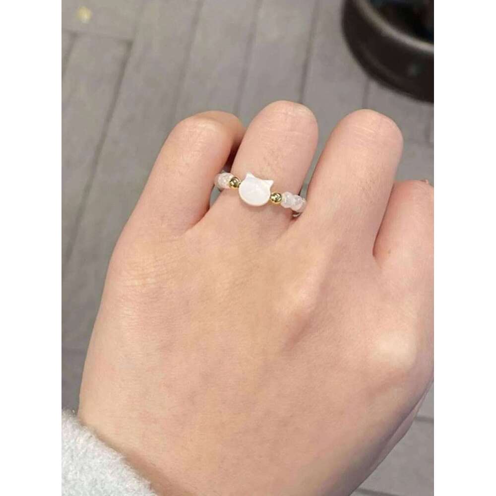 Fashion Natural Moonstone Obsidian Rings Minimalist Handmade Cute Black White Cat Bead Ring Women Party Accessories Jewelry Gift H260312