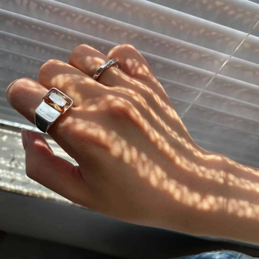 Fashion Good Luck Letter Square Crystal Stainless Steel Opening Couple Rings for Women Men Charm Finger Jewelry H260312