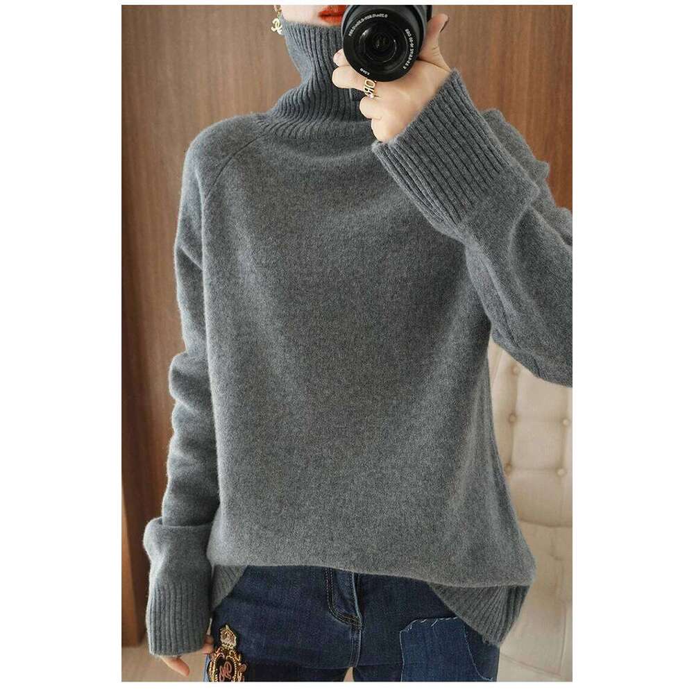 New 100% cashmere sweater in autumn and winter, women's thick turtleneck pullover, Korean version of loose lazy wind wool bottom Z260314
