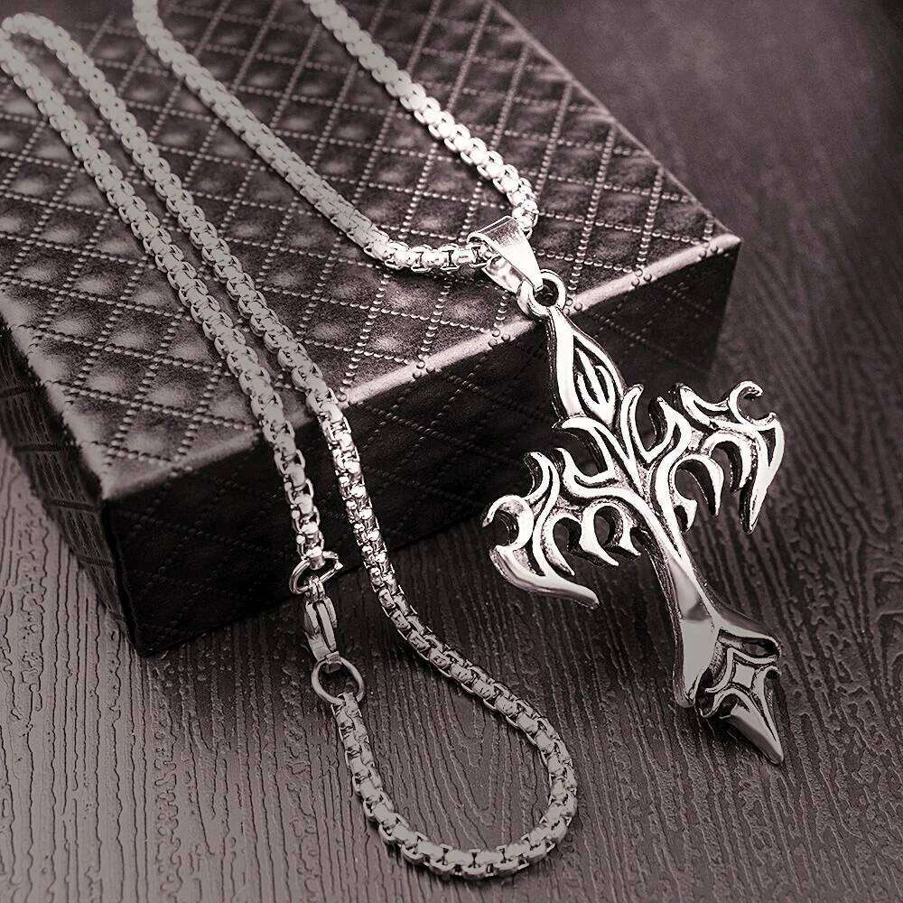 Hip Hop Fashion Jewelry Unique Design Stainless Steel Flame Cross Pendant Necklace Goth Necklaces Gift for Women Men H260312
