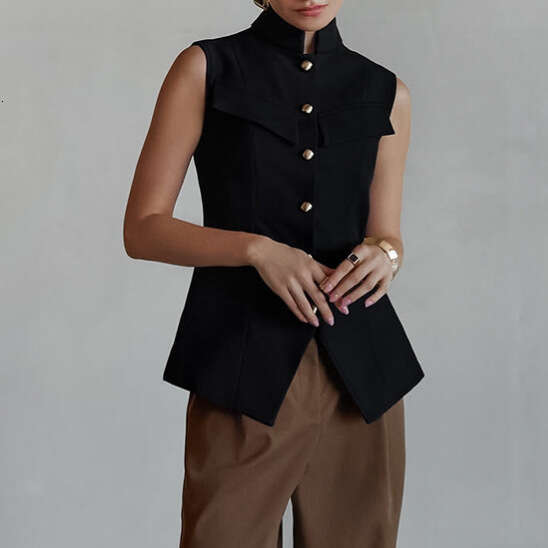 Spring Summer European And American Women S Fashion Design Small Stand Up Collar Buttoned Sleeveless Waist Cinching Hem Slit Elegant Top Vest MAKOUFEI