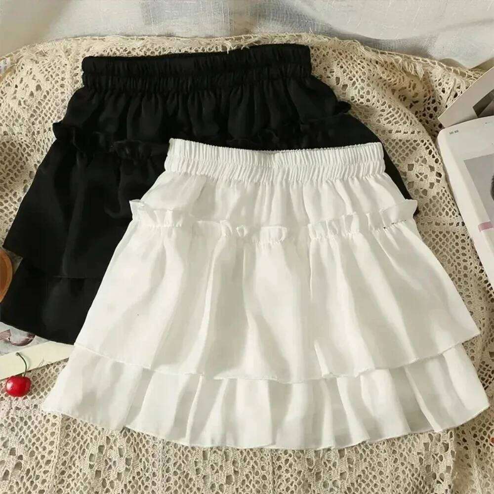 Kawaii Pleated A-Line Skirt for Women White Ruffle Tiered Sweet Style Elastic Waist Summer Slim Korean Harajuku Dress Z260314