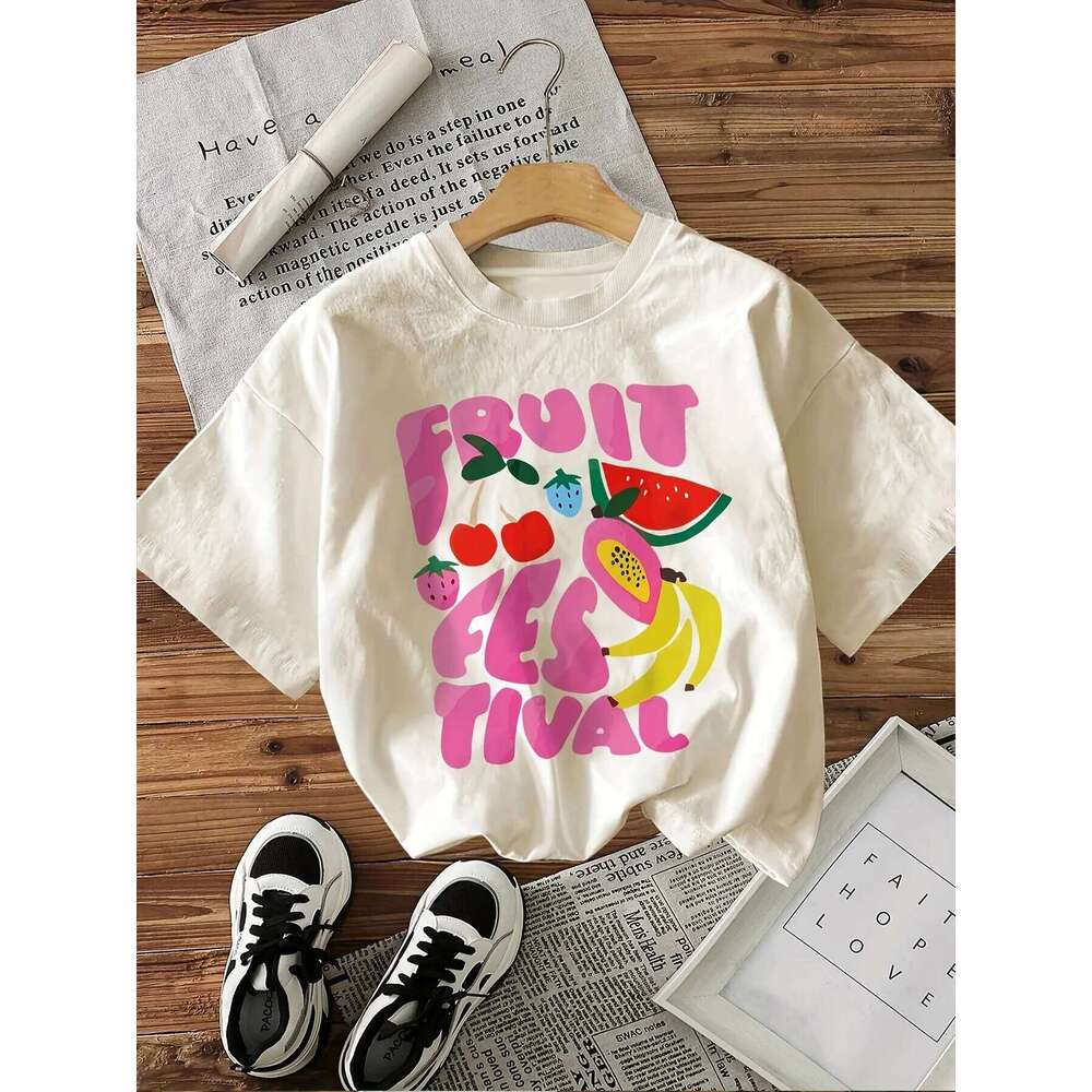 Women's Graphic Print T-Shirt Short Sleeve Crew Neck Casual with Vibrant Fruit Illustrations Lettering Comfort Summer Top Z260314