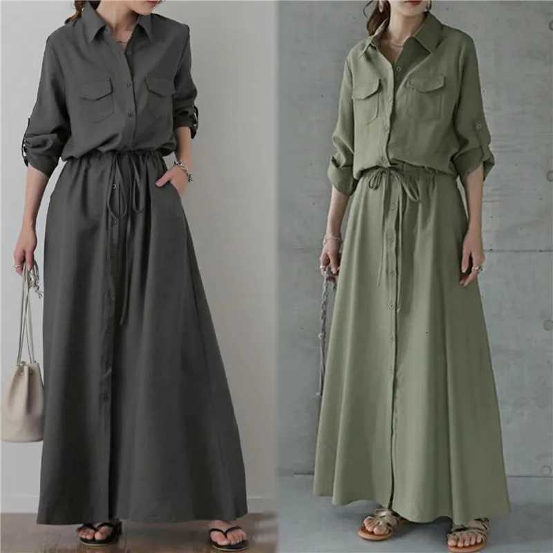 Solid Color Shirts Long Dresses Women Fashion Casual Lapel Long Sleeve Drawstring Elastic Waist Dress Female Commuting ClothingT260314