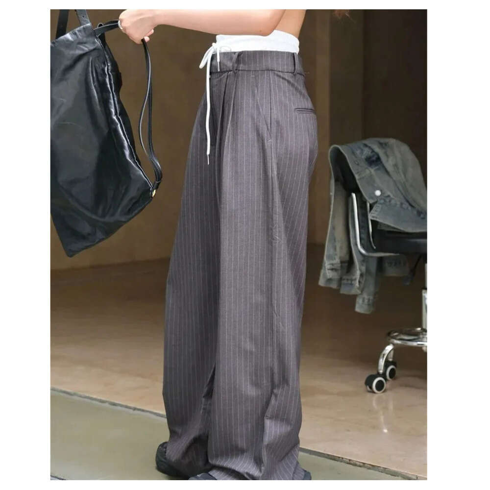 HanOrange Autumn Casual Waist Splicing Striped Pants Womens Loose Wide Legs Felt Trouser Grey Z260314
