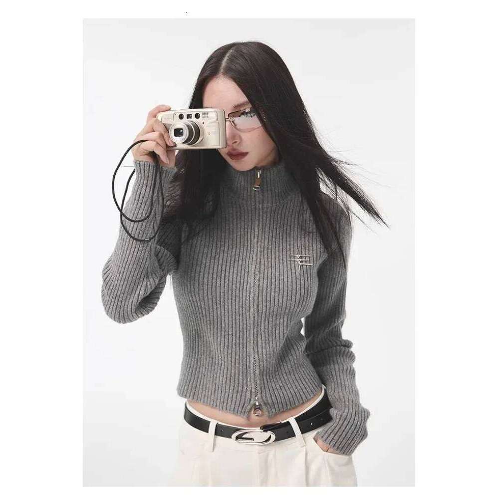Deeptown Y2K Gyaru Grey Zipper Cardigan Women Vintage Black Crop Knit Sweater Female Harajuku Hippie Slim Jerseys Tops Jackets Z260314