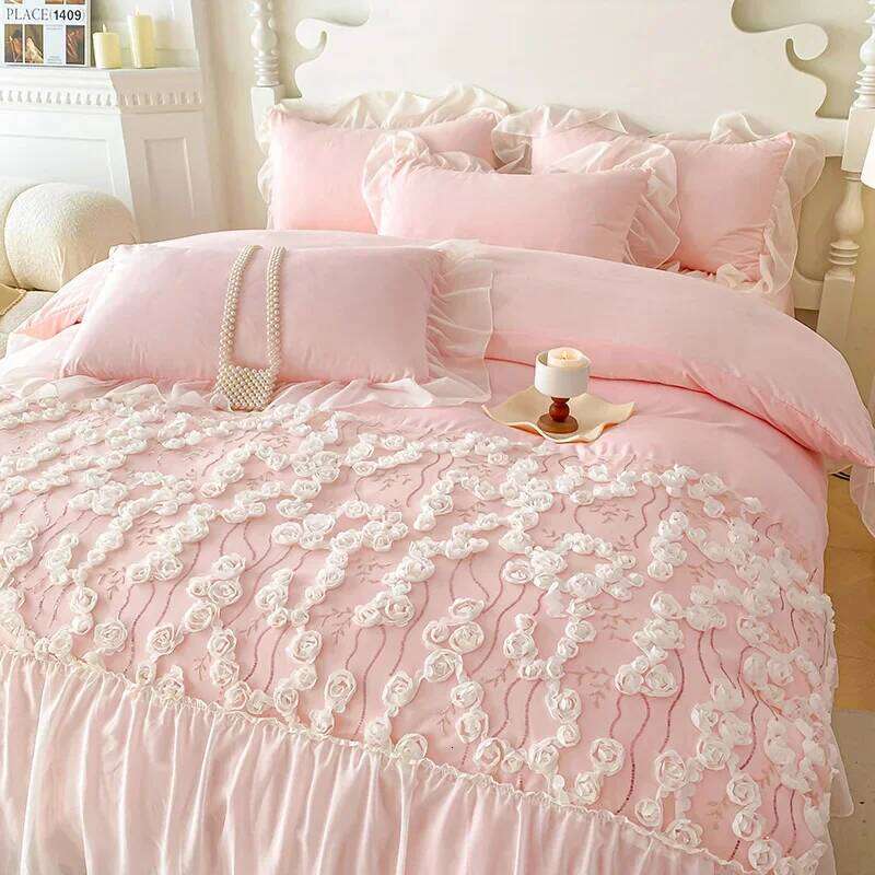 Pink with for Girls Princess Style Duvet Cover Sets Lace Flower Sheet Single/Queen/King Bedding Bed Set H260312 - view 4