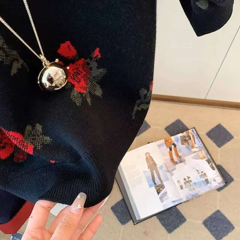 Black Rose Jacquard Sweater For Women Knit T-shirt Pullovers Elegant Vintage Ladies Tops Tees 2024 Summer Short Sleeve Knitwear Z260313