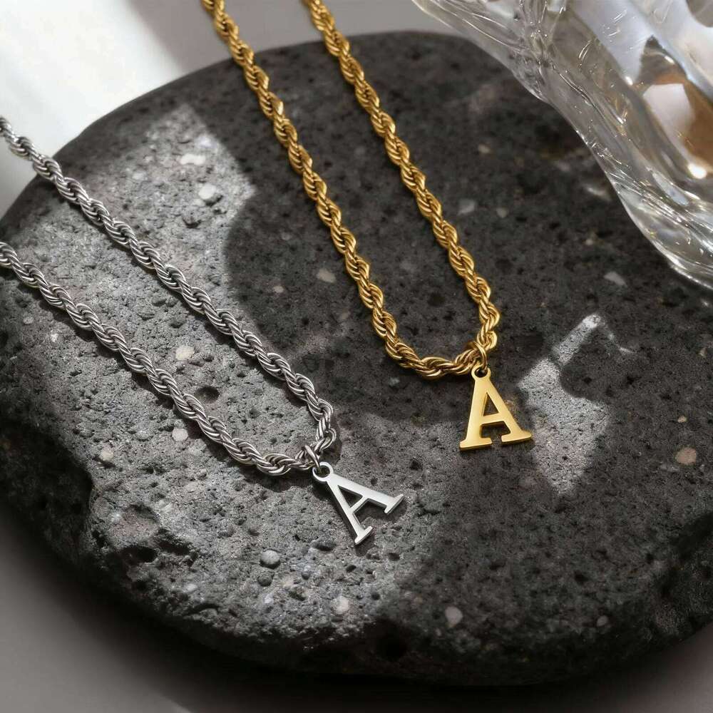 Initial Letters Necklaces for Men Boys,Stainless Steel A-Z 26 Alphabet Charm Pendant with 60CM/23.6" Twisted Rope Chain Gift H260312