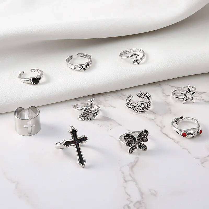 LATS Vintage Silver Plated Cross for Women Gothic Punk Steampunk Crying Face Butterfly Frog Ring Sets Party Fashion Jewelry H260312