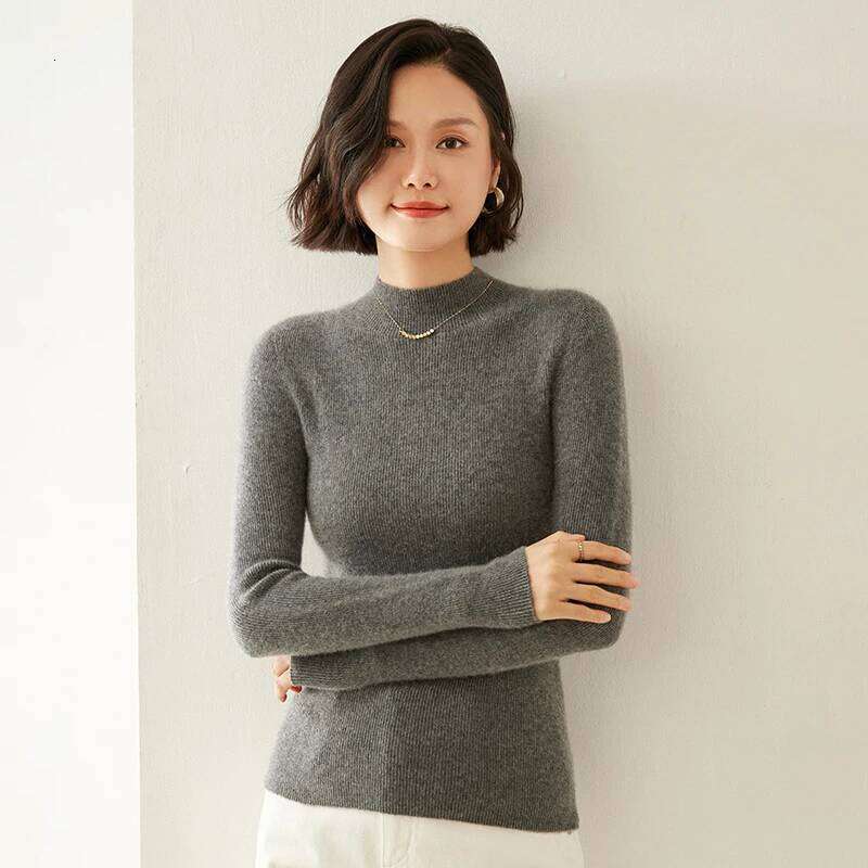 One-line Striped Half-high Collar Autumn and Winter 100% Cashmere Fashion Pullover Sweater Women Slim Bottoming Knitwear Z260314