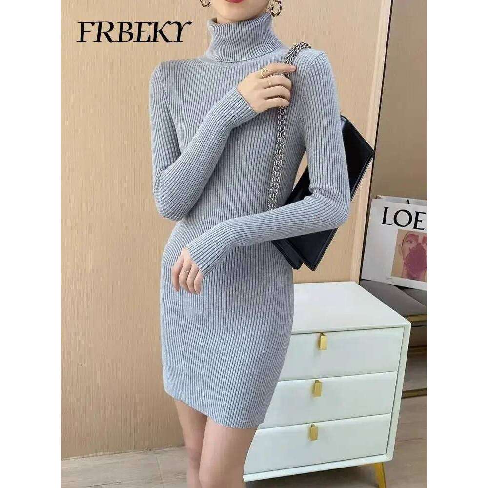 Autumn New Korean Turtleneck Knitted Pure Color Bodycon Sweater Dress Office Lady Pullover Casual Elegant Knitwear Jumper Z260314