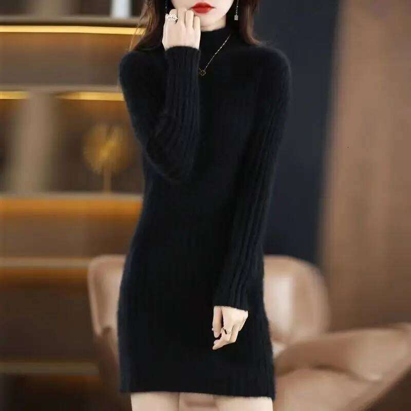 Imitation Mink Fur Chic Fashion Sweater Dress Winter Women Autumn Half High Collar Loose Pullover Korean Knitted Dresses Z260313