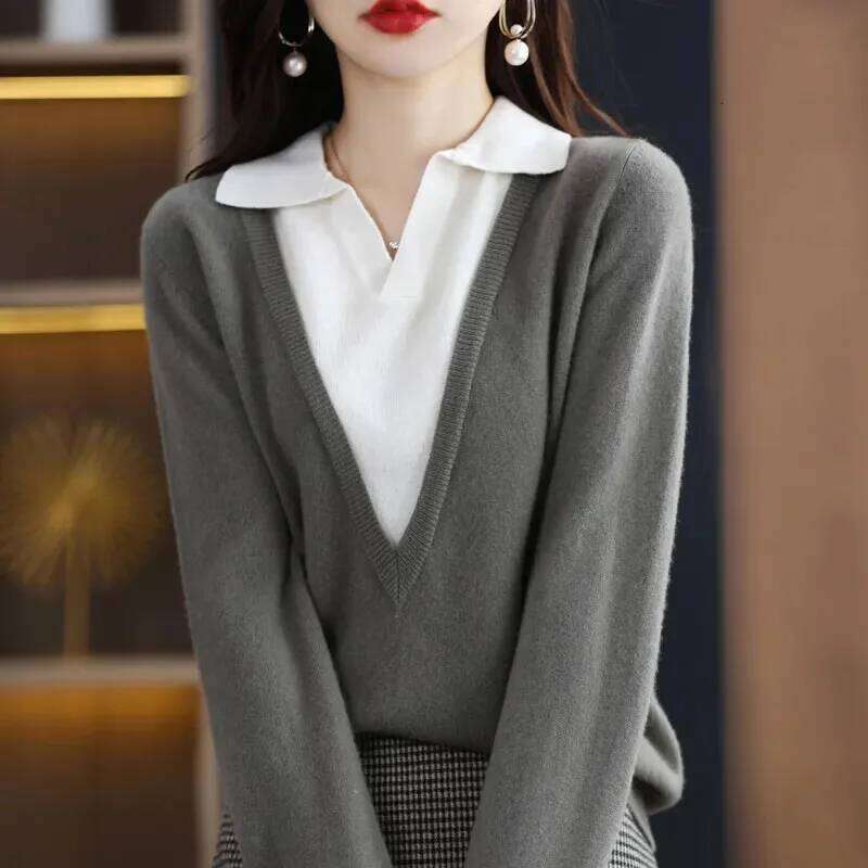Autumn Winter Fashion Polo-Neck Knitted Pullovers Women's Clothing Elegant Simplicity Solid Fake Two Pieces Sweaters for Female Z260313