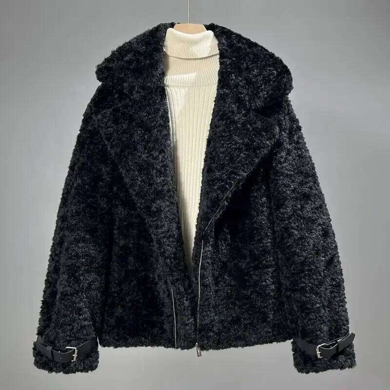 Lambswool Men's Large Lapel Collar Winter Biker Jacket Fur Thick Faux Shearling Coat Loose Vintage Warm JJ1022 Z260313