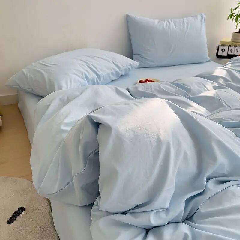 INS Korean Style Fresh Blue Duvet Cover Washed Cotton Sheet Bed Skirt Four-Piece Set Dormitory Simple Solid Color H260312 - view 5