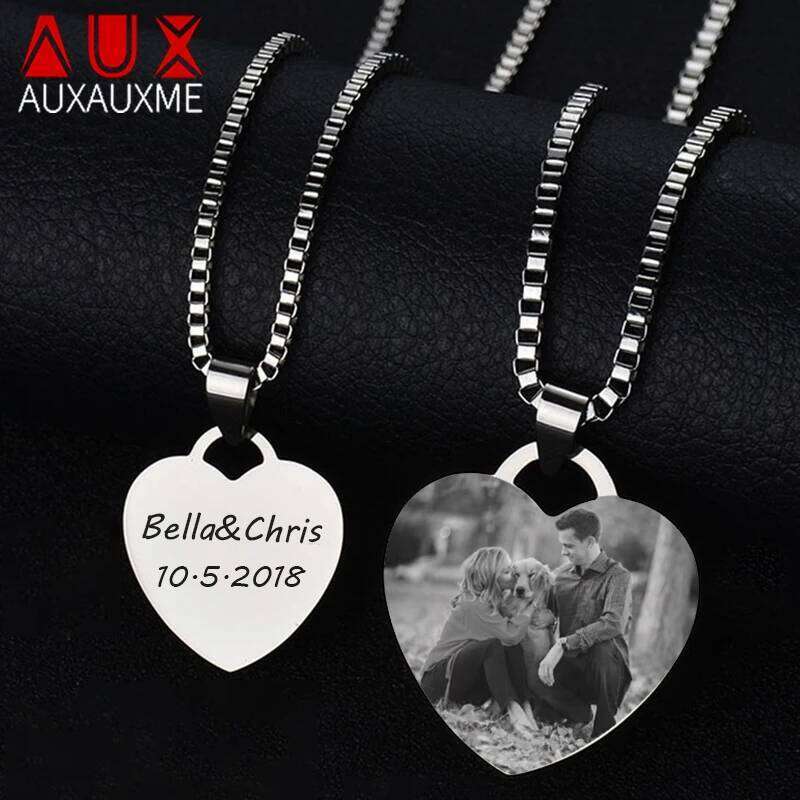 Auxauxme Custom Engrave Photo Necklace Stainless Steel Women Men Laser Engraved Name Date Logol Picture Box Chain Choker Jewelry H260312