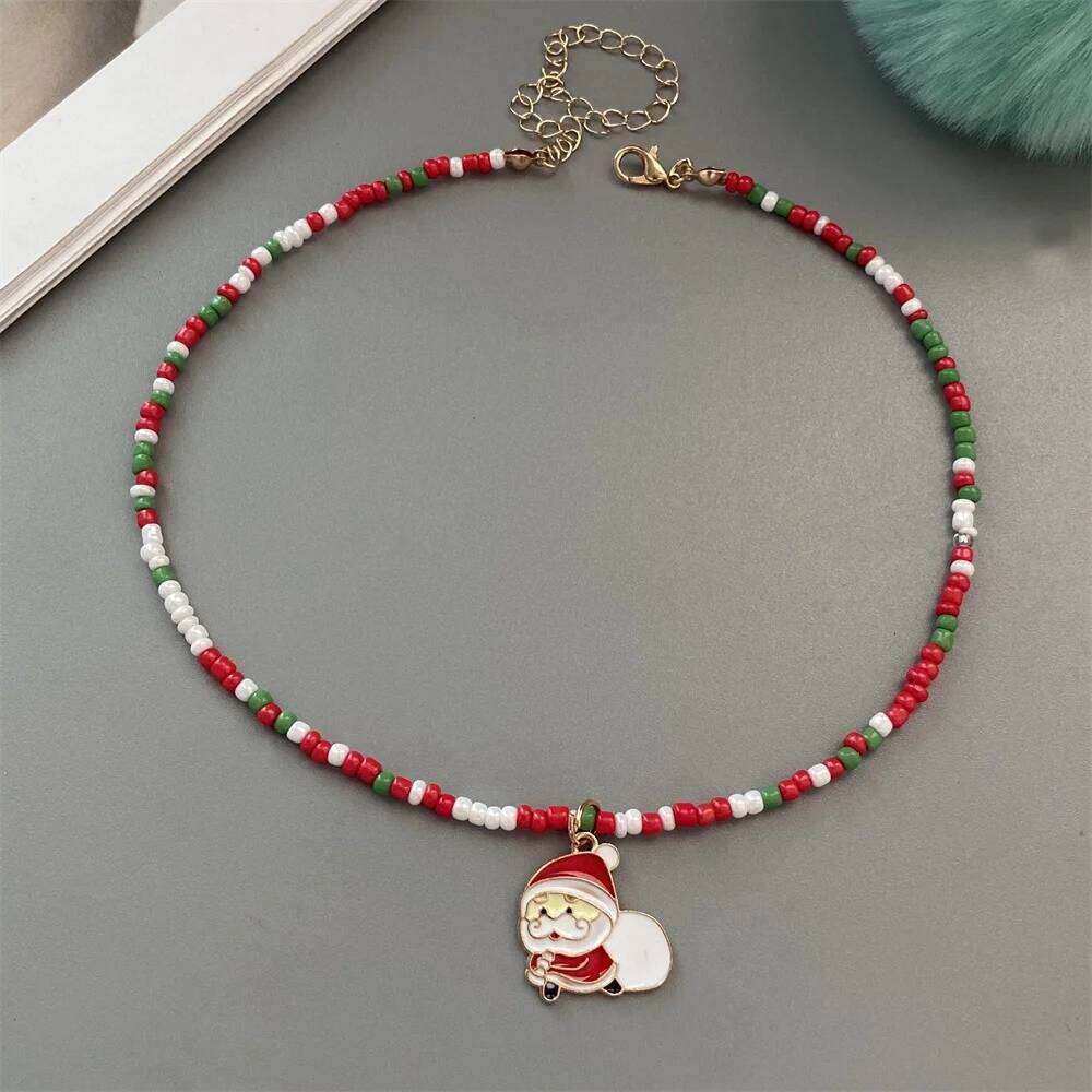Christmas Necklaces for Women Girls Handmade Rice Beads X'mas Tree Santa Claus Snowman Gift Necklace Pendant New Year Jewelry H260312