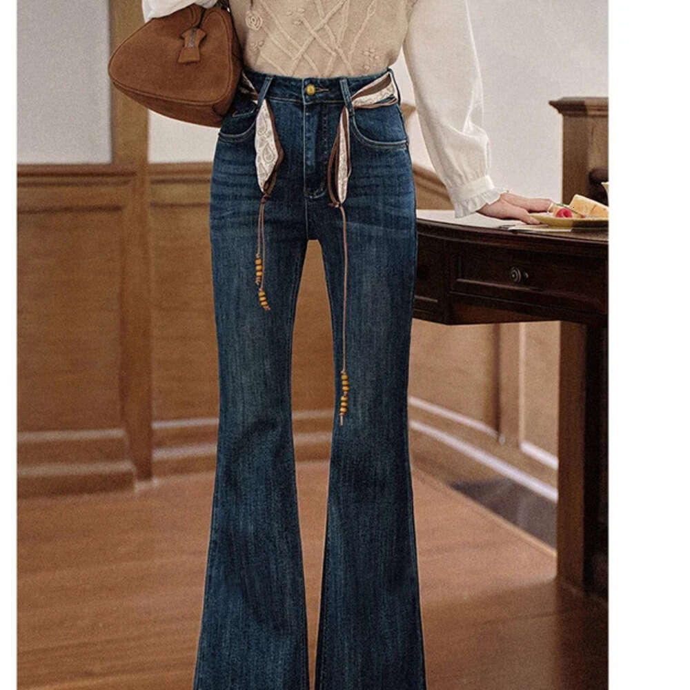 ALXNAN Vintage Blue Flared Women's High-waist Slim-fit Cotton Denim Jeans 2025 Autumn Winter Casual Female Pants L57012 Z260313