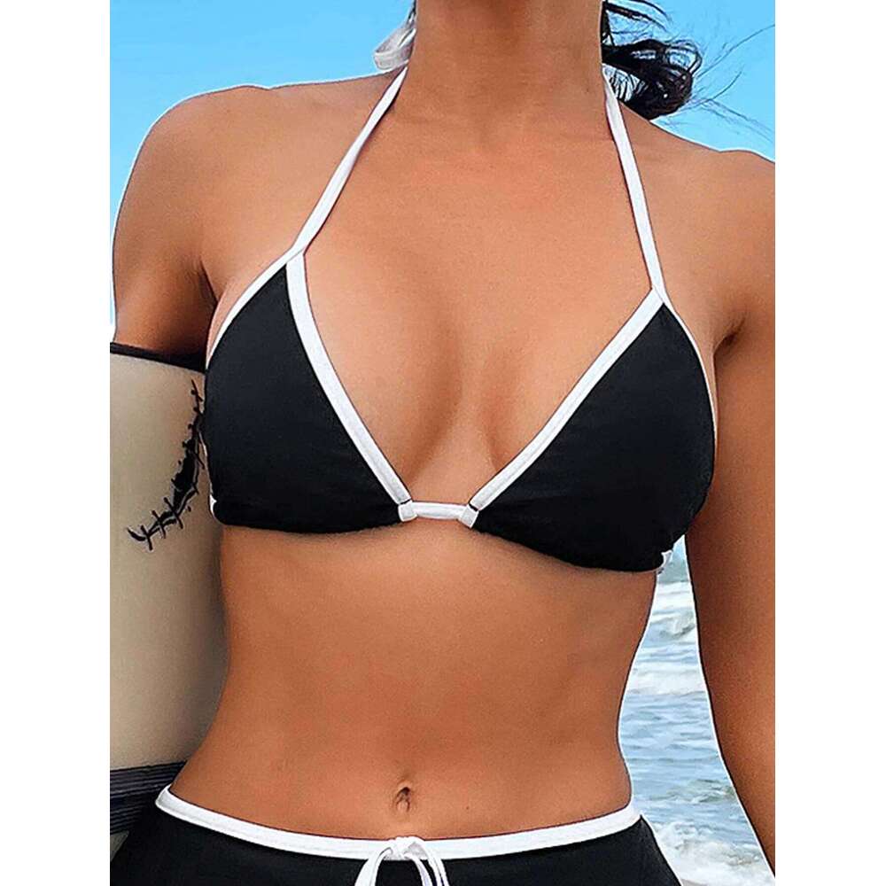 Bikini Set Black High Waist Swimsuit for Women Color Contrast 2-piece Sexy Deep V Suspender Backless Beach Bathing Suit Swimwear Y260303